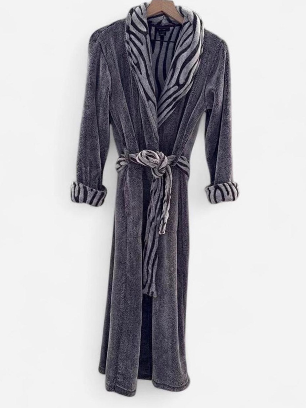 NATORI Plush Purple Gray Long Animal Print Robe with Pockets